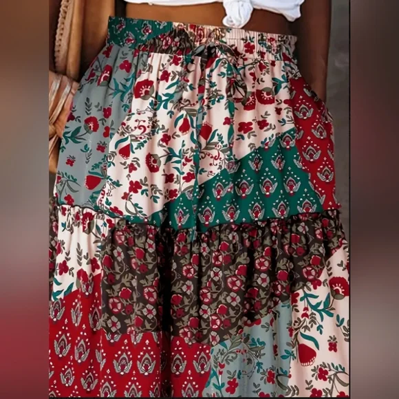 Skirt Maxi Patchwork Print Bohemian Long Pockets Skirts elastic Drawstring waist - Picture 3 of 7